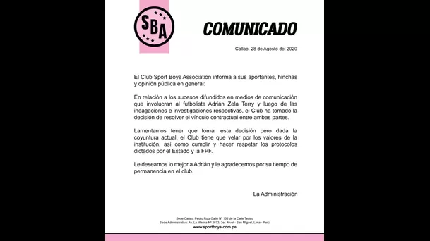 Comunicado de Sport Boys.