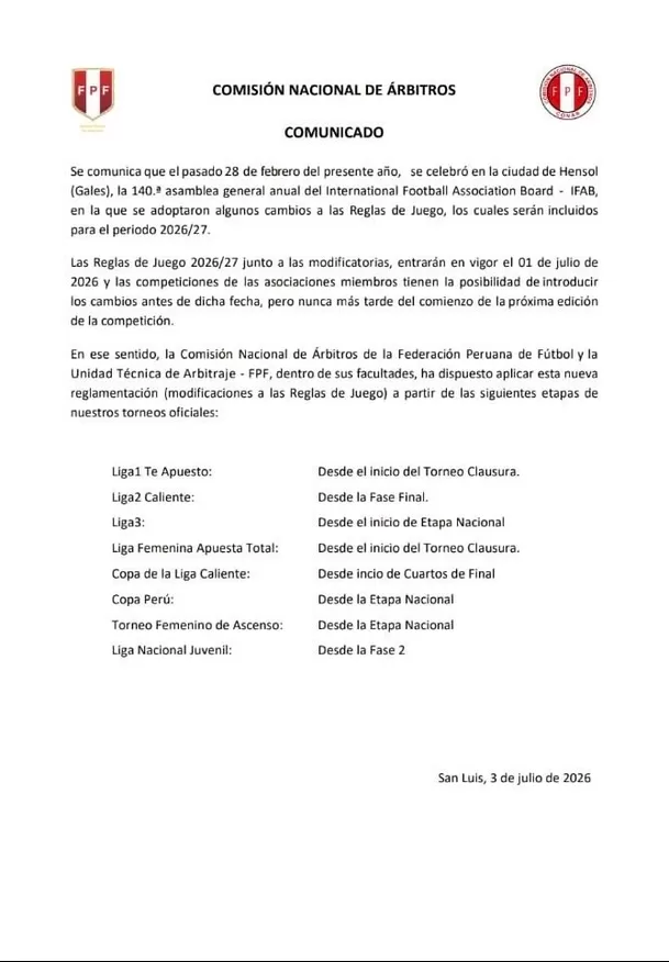 CONAR confirmó la llegada de las nuevas reglas al fútbol peruano. 