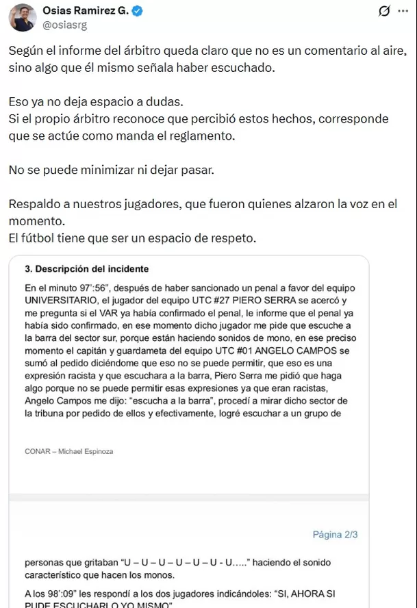 Publicación del presidente de UTC tras hechos ante Universitario / X