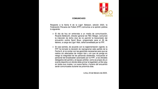 Comunicado de la FPF sobre el Melgar vs Sport Boys