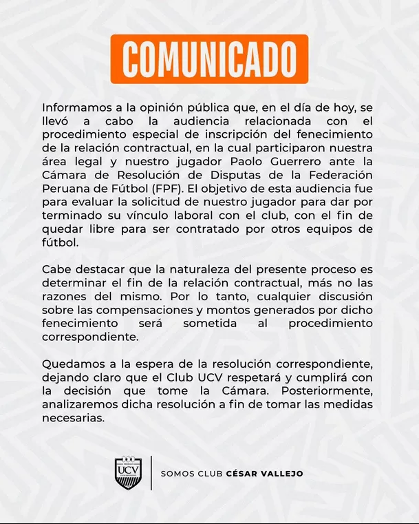 Comunicado de la César Vallejo sobre Paolo Guerrero. | Foto: UCV