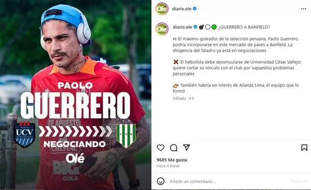 Paolo Guerrero podría volver al fútbol argentino, según Olé. | Foto: IG Olé.