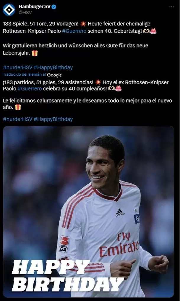 Hamburgo saludó a Paolo Guerrero por su cumpleaños 40. | Foto: Hamburgo.