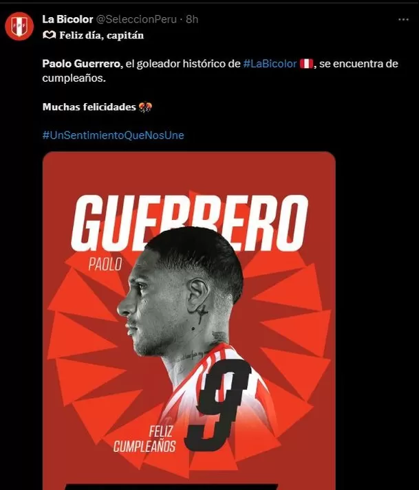 La selección peruana también saludó a Paolo Guerrero. | Foto: La Bicolor.