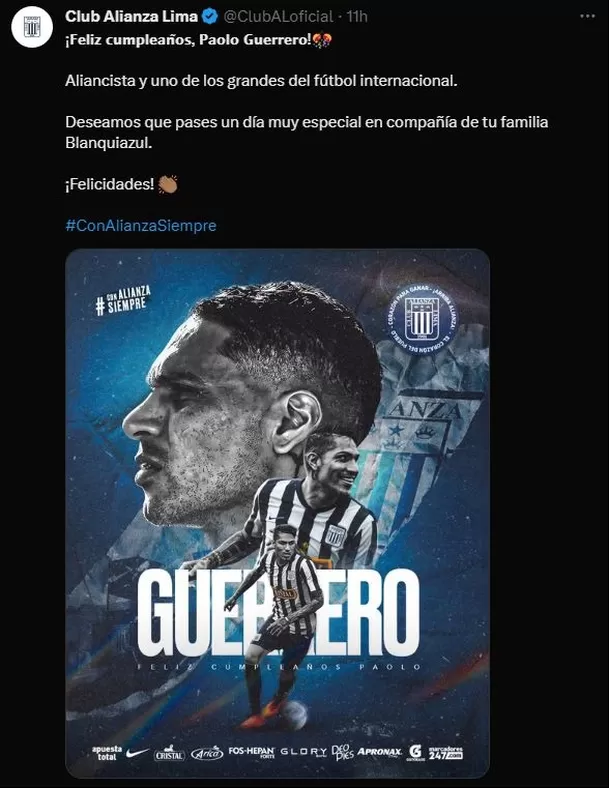 Alianza Lima y su saludo a Paolo Guerrero. | Foto: Alianza Lima.