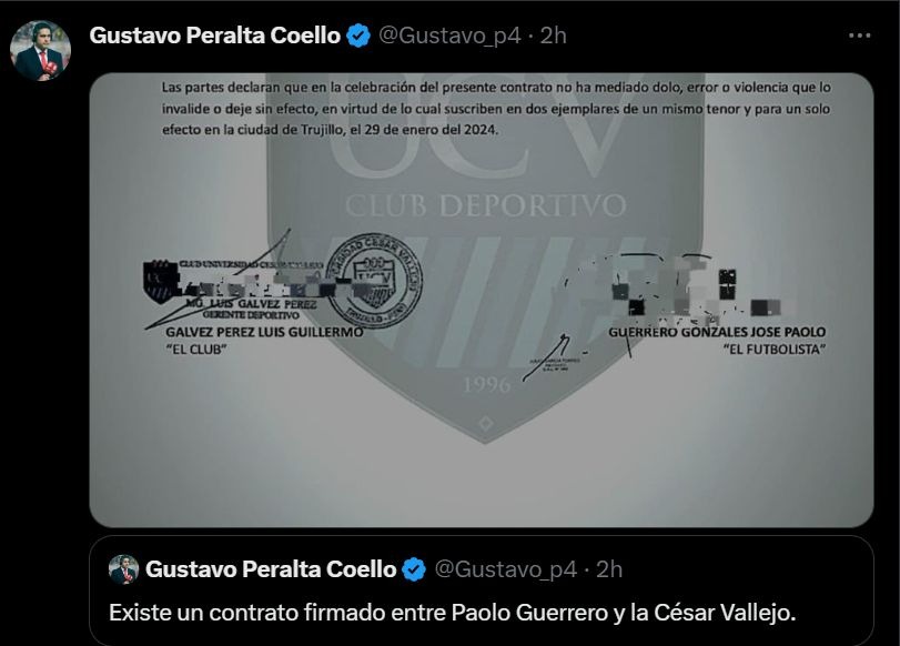 Contrato firmado de Paolo Guerrero con la UCV. | Foto: @Gustavo_p4