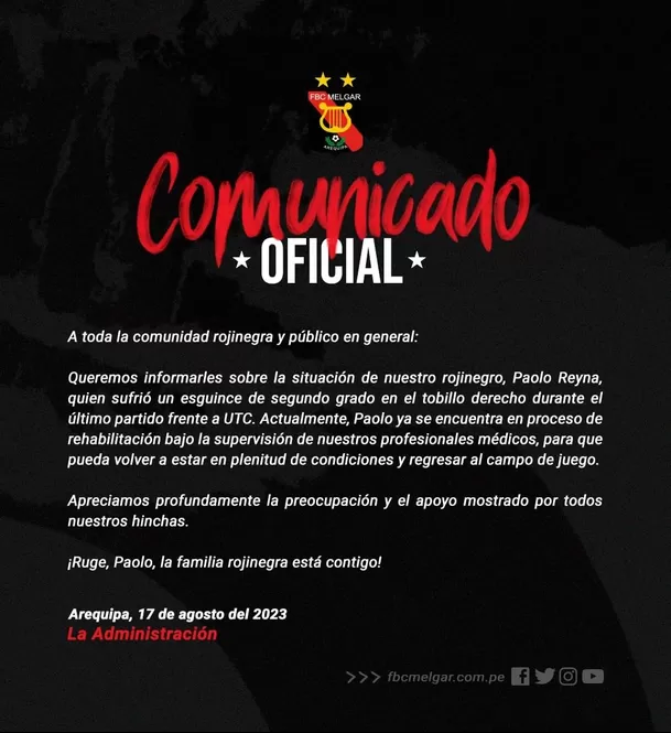 Comunicado de Melgar. | Fuente: @MelgarOficial