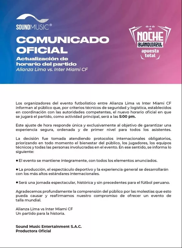 Comunicado sobre cambio de horario del Alianza Lima vs Inter Miami / IG