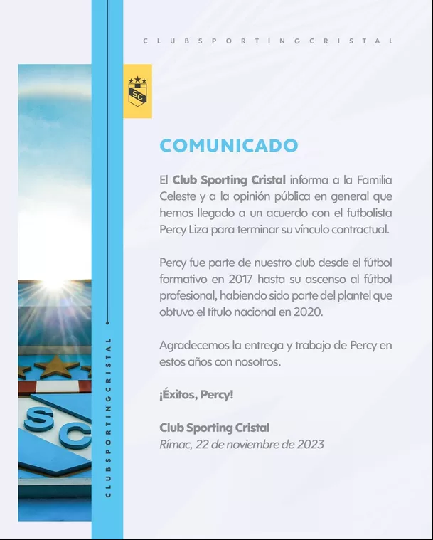 Este es el comunicado del Sporting Cristal. | Fuente: @ClubSCristal