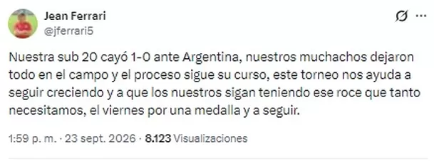 Mensaje de Jean Ferrari tras la derrota de Perú vs Argentina / Fuente: X Jean Ferrari Mensaje de Jean Ferrari tras la derrota de Perú vs Argentina / Fuente: X Jean Ferrari