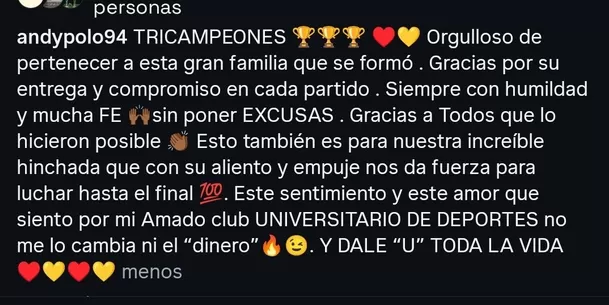 El &#39;picante&#39; mensaje de Andy Polo en su cuenta de Instagram / IG