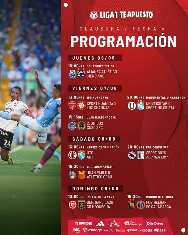 Programación de la fecha 4 del Clausura 2026. | Foto: Liga1 Programación de la fecha 4 del Clausura 2026. | Foto: Liga1