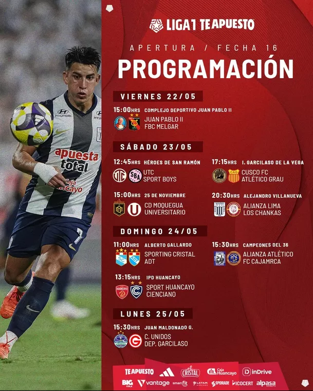 Programación de la fecha 15 del Torneo Apertura 2026 de Liga1 Te Apuesto. | Foto: X de @Liga1TeApuesto