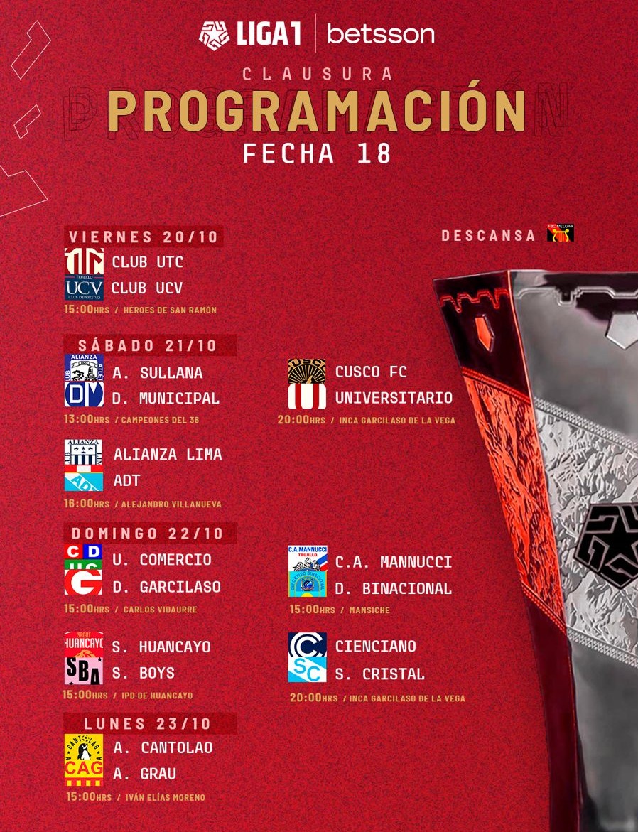 Programación de la fecha 18 del Torneo Clausura 2023. | Fuente: Liga 1