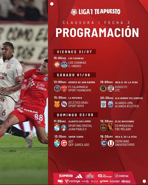 Así se jugará la fecha 3 del Torneo Clausura Liga1 Te Apuesto 2026. Así se jugará la fecha 3 del Torneo Clausura Liga1 Te Apuesto 2026.