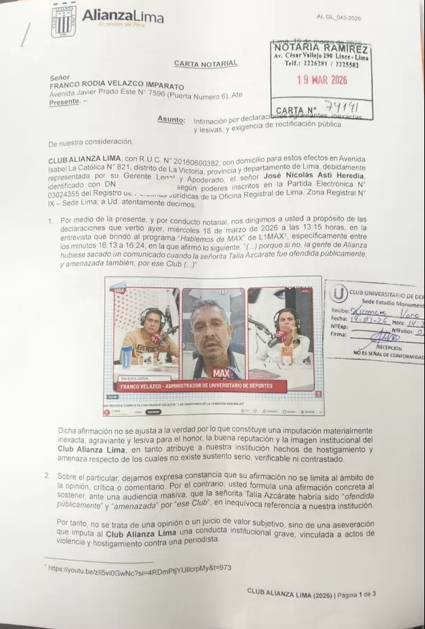 La carta notarial que hizo público en canal de Linkeados.