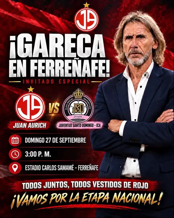 Juan Aurich confirmó presencia de Ricardo Gareca en partido por Liga 3 / Fuente: Facebook Juan Aurich confirmó presencia de Ricardo Gareca en partido por Liga 3 / Fuente: Facebook