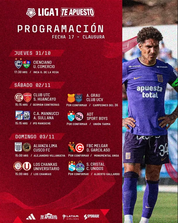 Así va la programación de la fecha 17 del Torneo Clausura 2024 Liga1 Te Apuesto. Foto: LFP