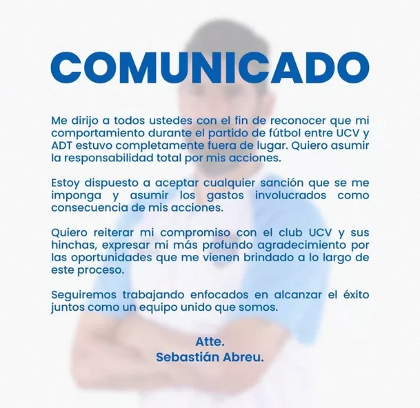 Comunicado Sebastián Abreu. | Foto: Twitter Sebastián Abreu.