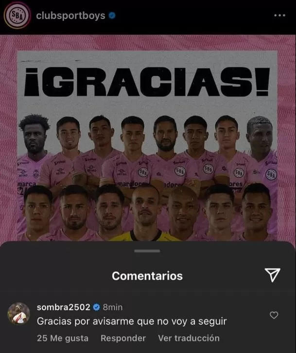 La publicación de Sport Boys que anuncia la salida de 16 jugadores. | Foto: IG