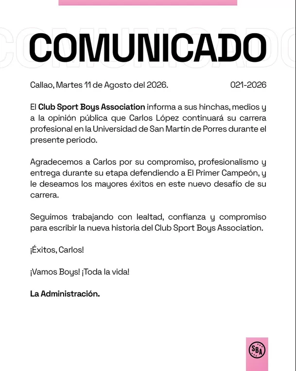 Sport Boys oficializó la salida de Carlos López / Foto: X Sport Boys Sport Boys oficializó la salida de Carlos López / Foto: X Sport Boys