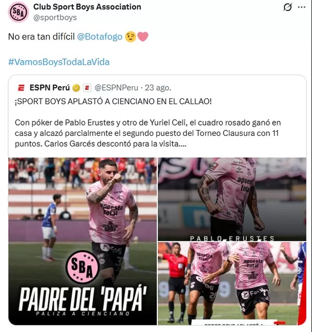 Sport Boys y la 'picante' broma a Botafogo tras golear a Cienciano / X Sport Boys Sport Boys y la 'picante' broma a Botafogo tras golear a Cienciano / X Sport Boys