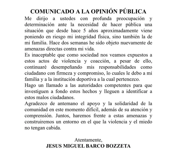 Este es el comunicado de Jesús Barco. | Fuente: @Jesusbarco97