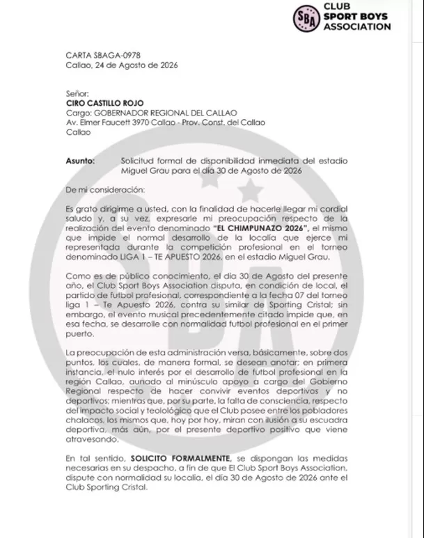 Pedido de Sport Boys a Gobierno Regional del Callao / X Sport Boys Pedido de Sport Boys a Gobierno Regional del Callao / X Sport Boys