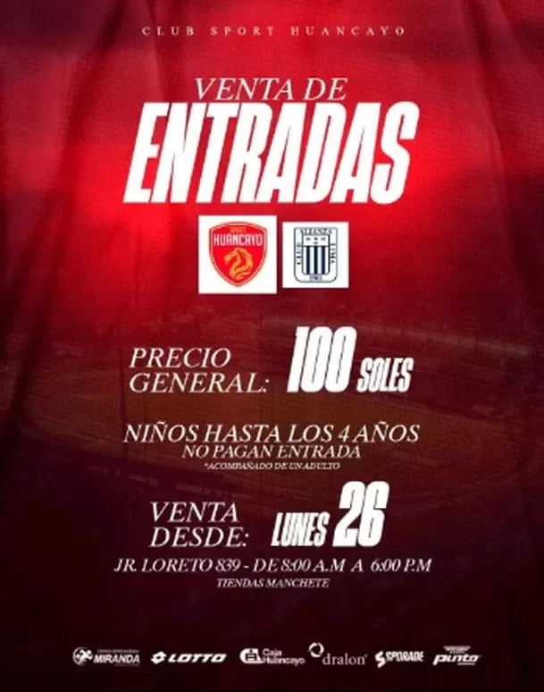 Precios de las entradas para partido entre Sport Huancayo vs Alianza Lima / X