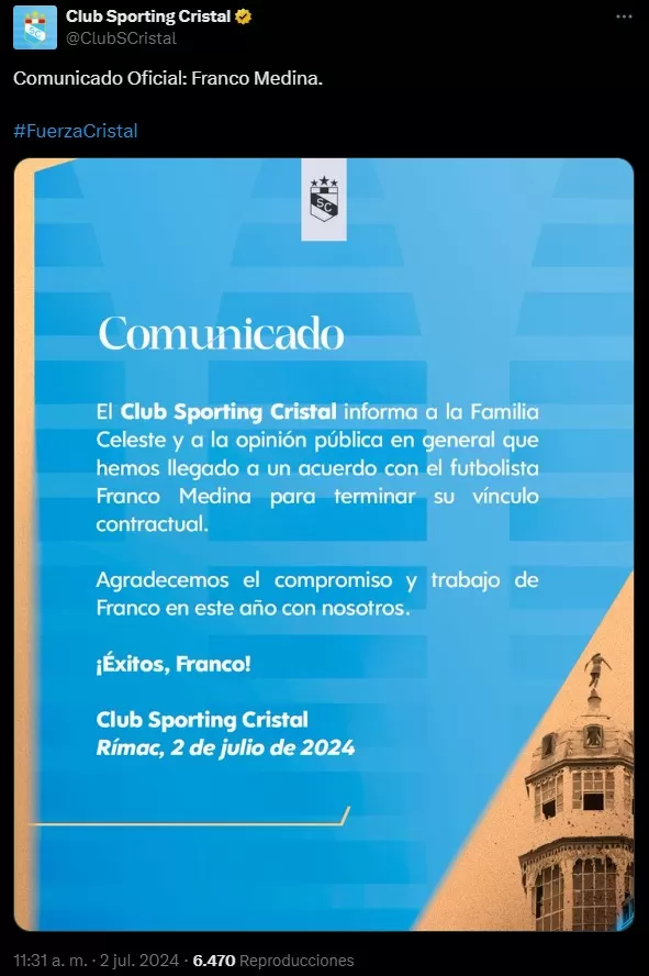 Cristal anuncia salida de Franco Medina previo al Clausura / Foto: Twitter Sporting Cristal