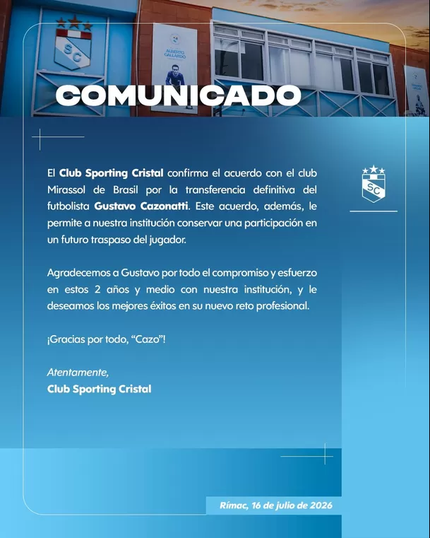 Sporting Cristal emitió comunicado sobre salida de Gustavo Cazonatti Sporting Cristal emitió comunicado sobre salida de Gustavo Cazonatti