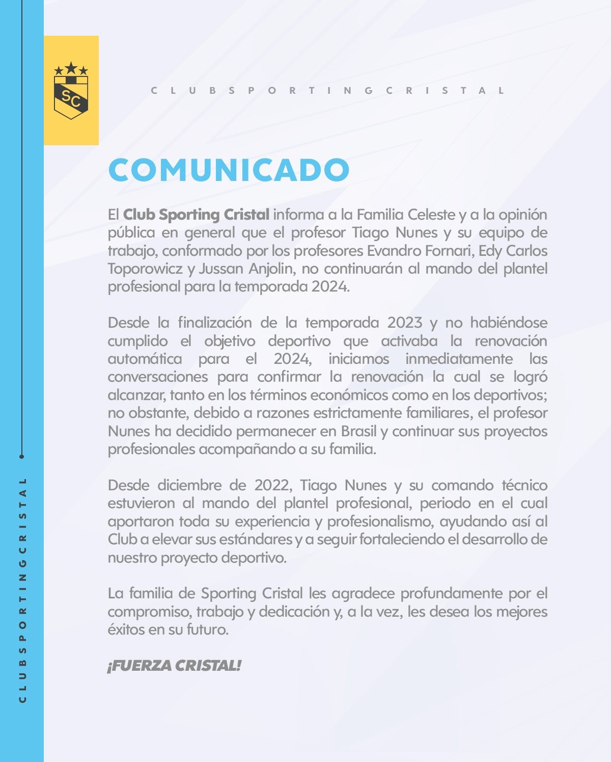 Este es el comunicado del Sporting Cristal. | Fuente: @ClubSCristal