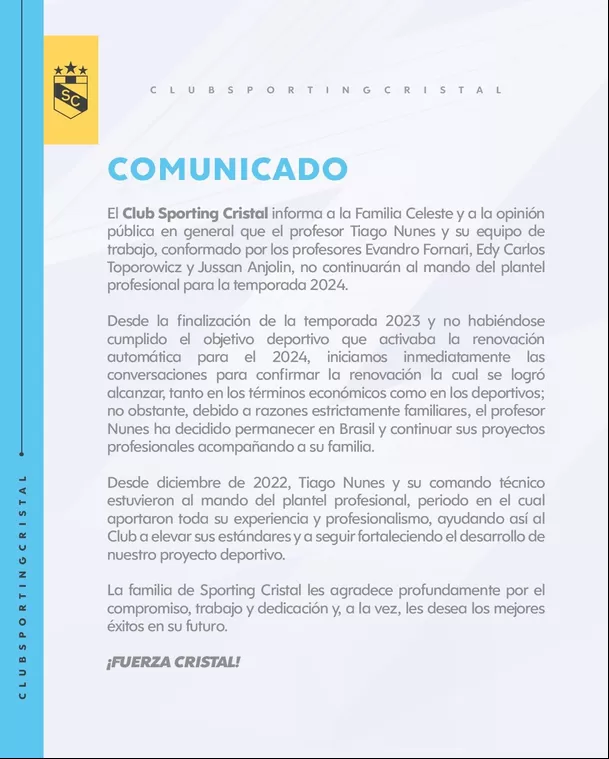 Este es el comunicado del Sporting Cristal. | Fuente: @ClubSCristal