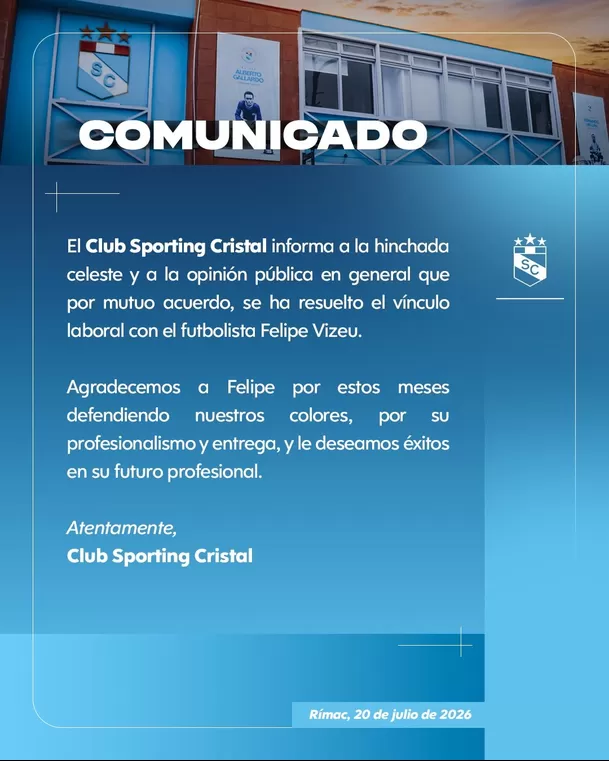 Sporting Cristal hizo oficial la partida de Felipe Vizeu / Fuente: Sporting Cristal Sporting Cristal hizo oficial la partida de Felipe Vizeu / Fuente: Sporting Cristal