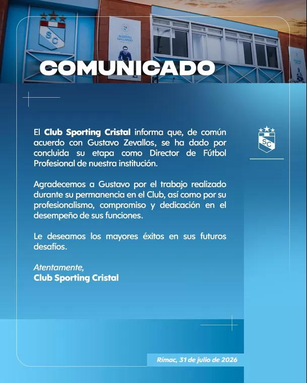 Comunicado de la salida de Gustavo Zevallos de Sporting Cristal / Foto: Sporting Cristal Comunicado de la salida de Gustavo Zevallos de Sporting Cristal / Foto: Sporting Cristal