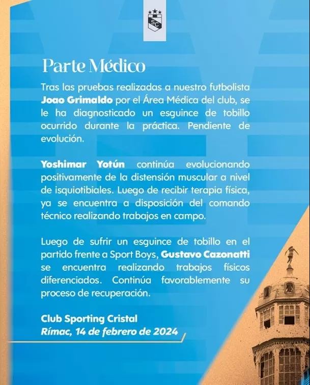 Parte médico de Sporting Cristal. | Foto: Sporting Cristal.