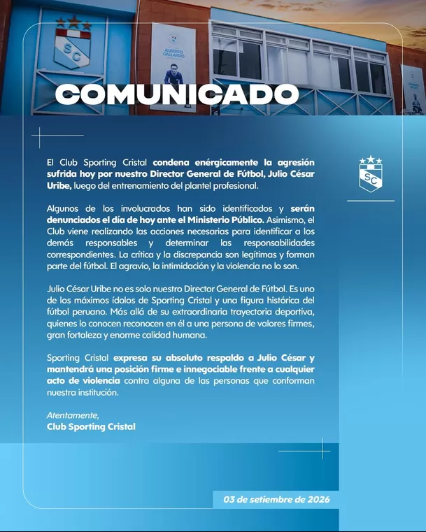 Sportign Cristal emitió comunicado luego de la agresión que sufrió Julio César Uribe / Foto: Sporting Cristal