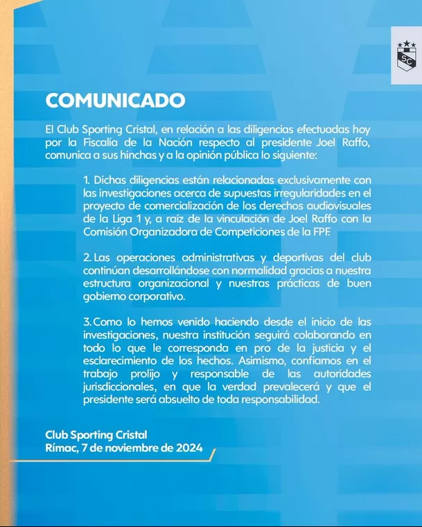 Comunicado de Sporting Cristal por detención de Joel Raffo. | Foto: Sporting Cristal.