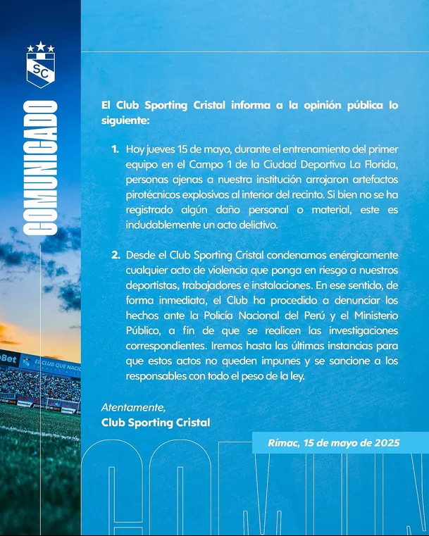 Sporting Cristal y el comunicado tras ataque de barristas / X