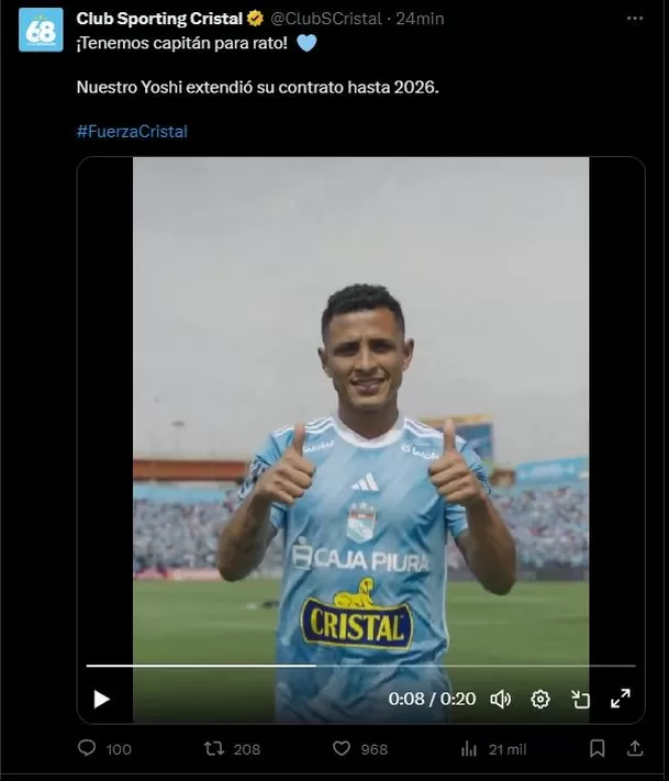 Sporting Cristal así anunció la renovación de Yotún. | Foto: Sporting Cristal.