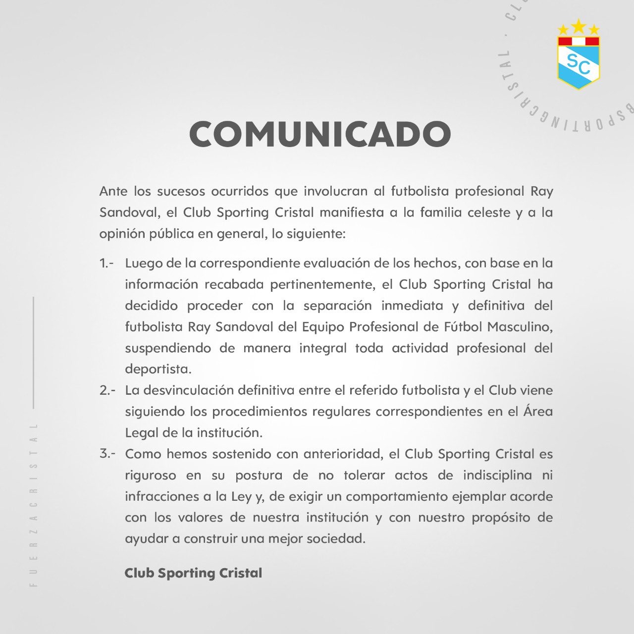 Comunicado de Sporting Cristal sobre la separación de Ray Sandoval.