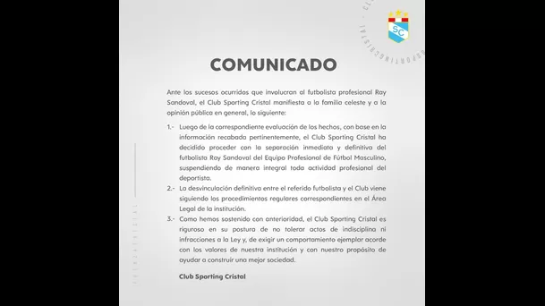 Comunicado de Sporting Cristal sobre la separación de Ray Sandoval.