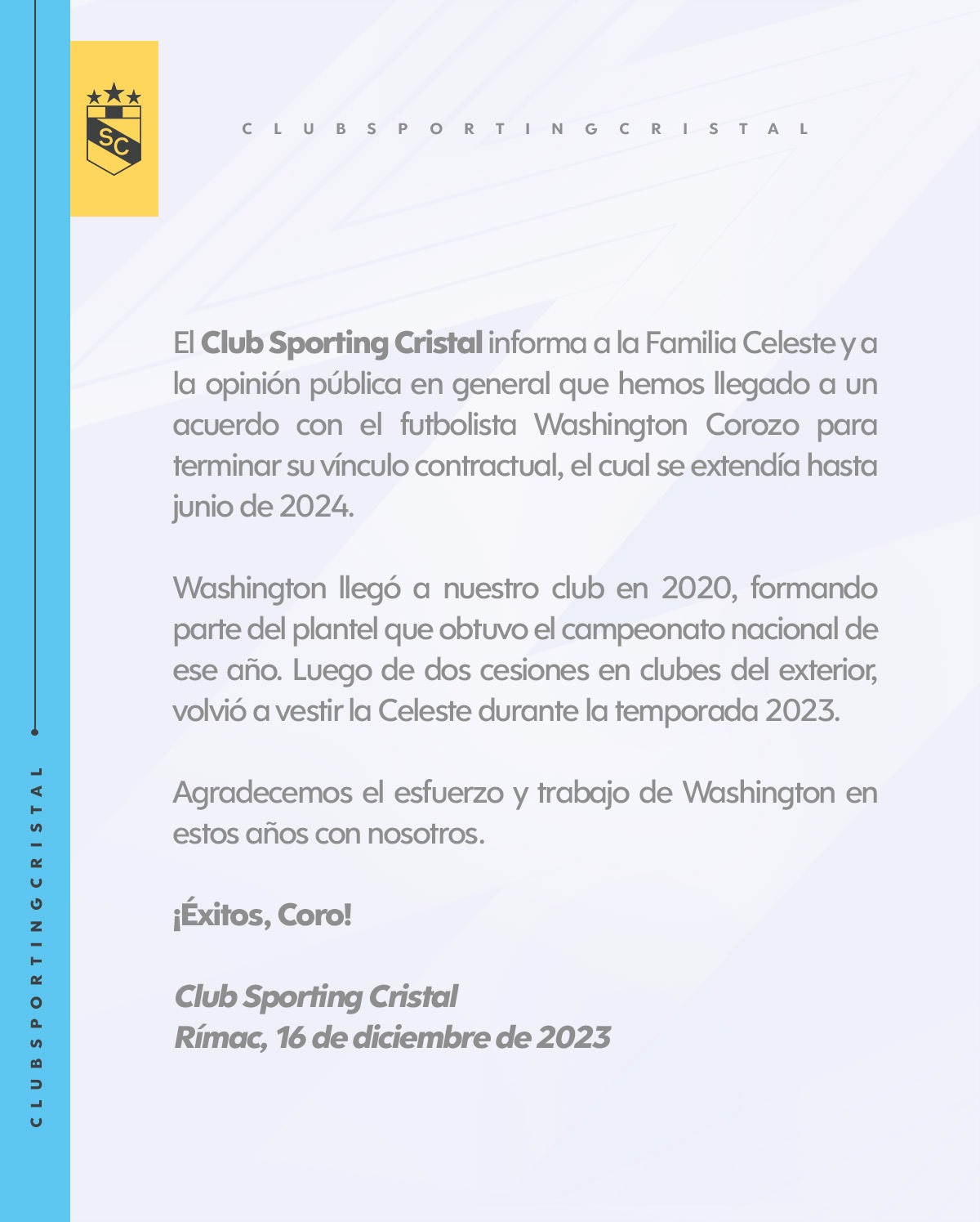 El comunicado de Sporting Cristal sobre Washington Corozo. | Fuente: @ClubSCristal