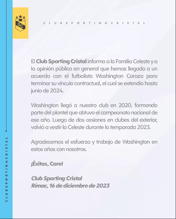 El comunicado de Sporting Cristal sobre Washington Corozo. | Fuente: @ClubSCristal