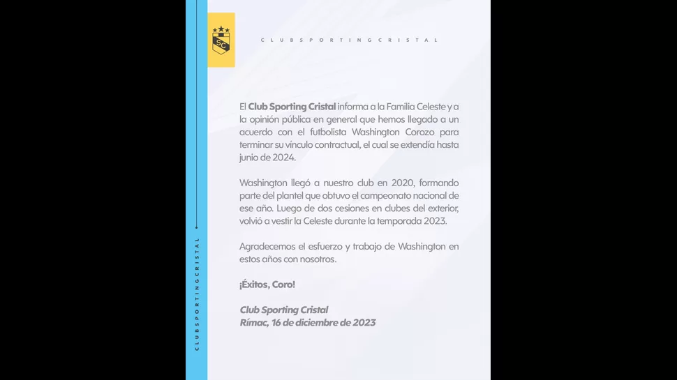 El comunicado de Sporting Cristal sobre Washington Corozo. | Fuente: @ClubSCristal