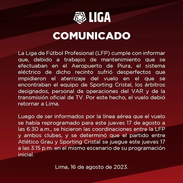 Comunicado de la Liga de Fútbol Profesional. | Imagen: @LigaFutProf