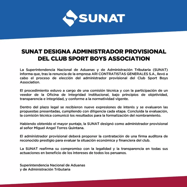 Comunicado de SUNAT para designación de Miguel Ángel Torres / X Comunicado de SUNAT para designación de Miguel Ángel Torres / X