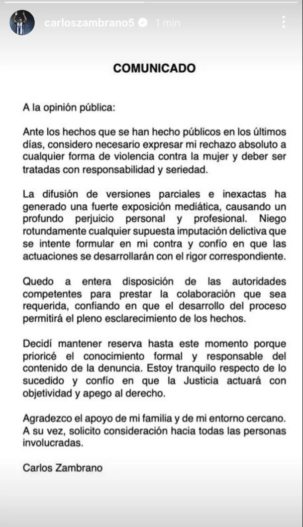 Comunicado de Carlos Zambrano tras ser apuntado por argentina / IG Comunicado de Carlos Zambrano tras ser apuntado por argentina / IG