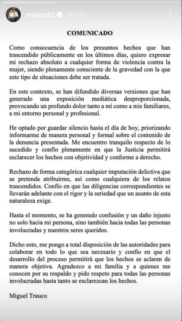 Comunicado de Miguel Trauco tras ser apuntado por argentina / IG Comunicado de Miguel Trauco tras ser apuntado por argentina / IG