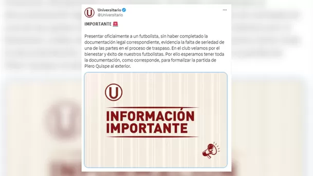 Este es el anuncio publicado por Universitario de Deportes tras la presentación de Piero Quispe / Foto: Universitario de Deportes